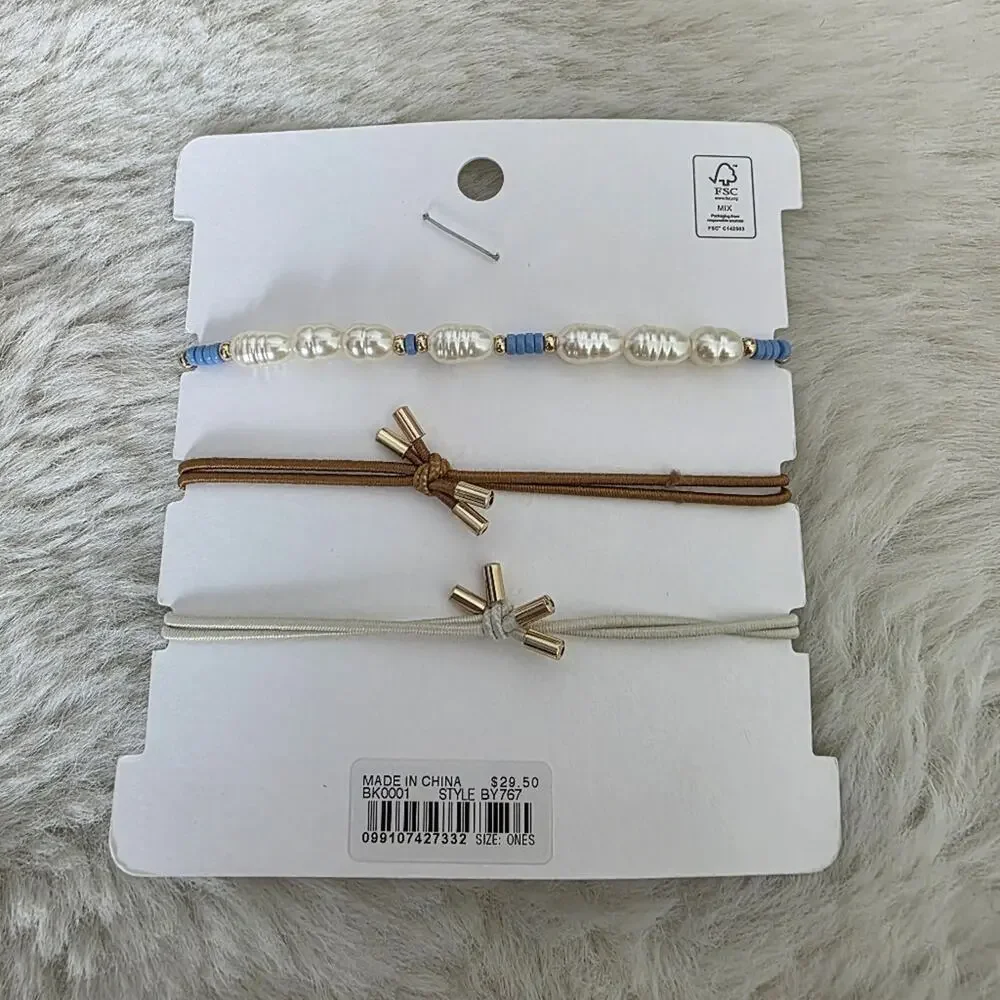 J. Crew Pearl and Metallic Beaded Hair Ties 3-Pack Gold Brass Scrunchies NWT
